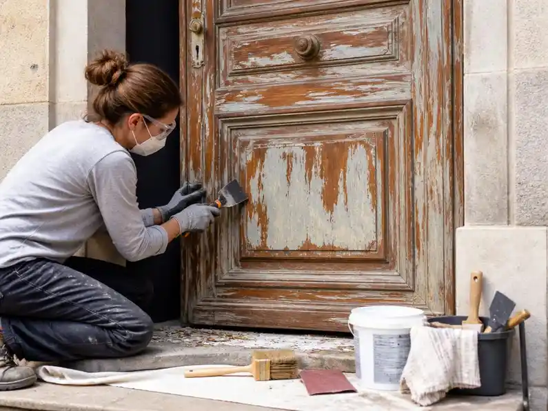 Préparer la peinture porte d'entrée bois ancienne pas à pas