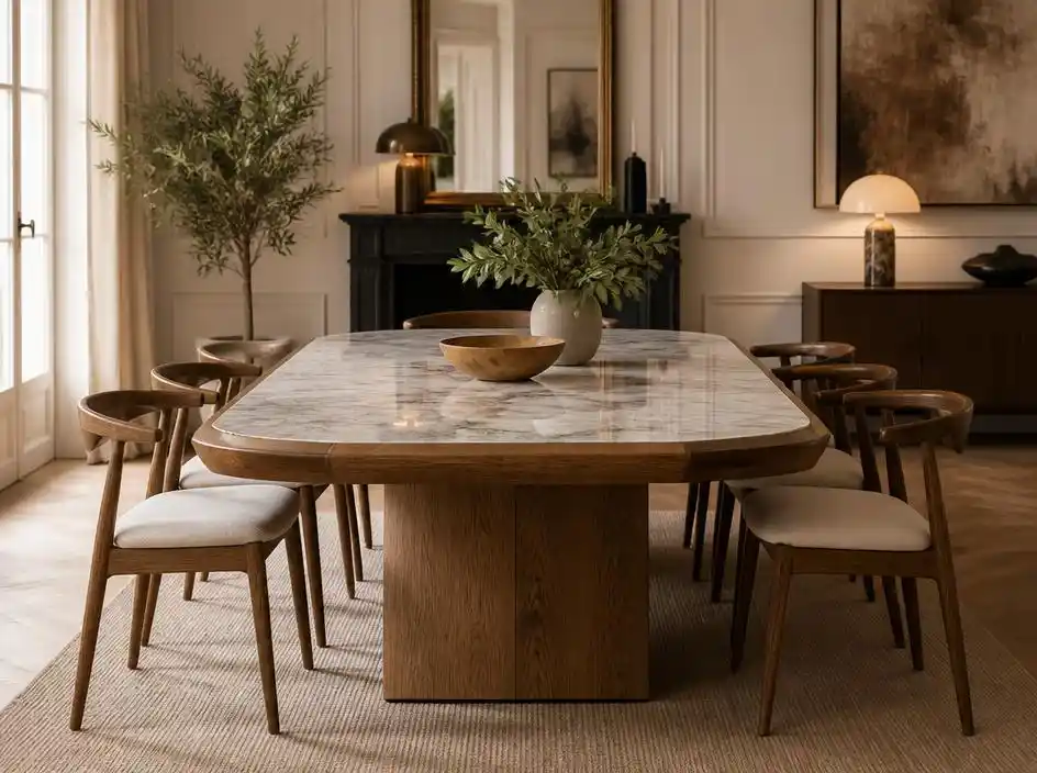 Le mariage élégant d'une table bois et marbre dans votre intérieur