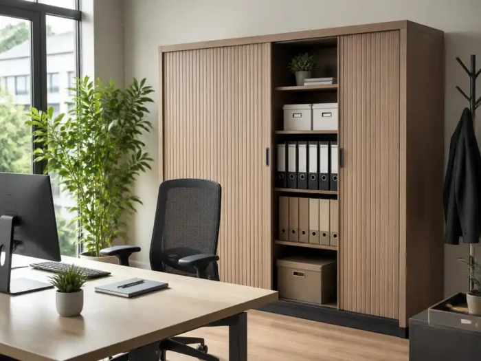 Optimiser son espace bureau avec une armoire à rideaux décor bois