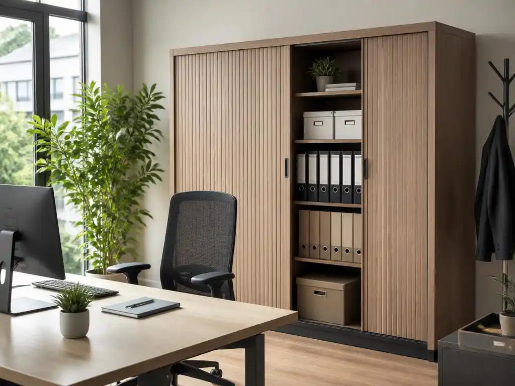 Optimiser son espace bureau avec une armoire à rideaux décor bois
