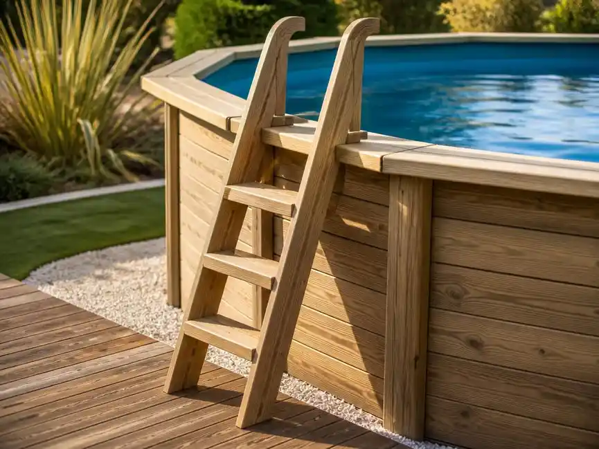 Sécuriser l'accès avec une échelle bois piscine hors sol